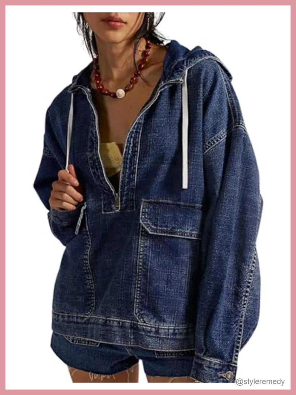 Denim Pullover Jacket Half Zip Hoodie Jean Top with Pockets
